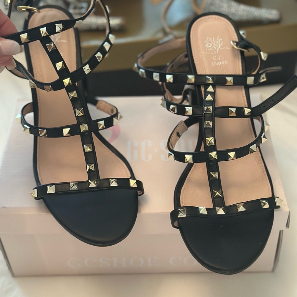Black Strappy Sandals with Gold Studs